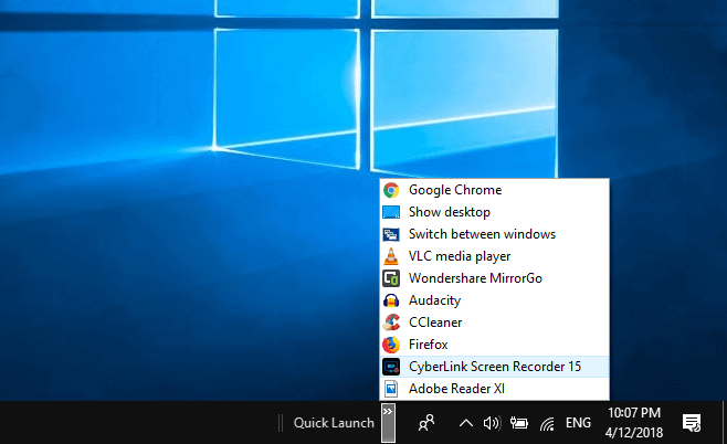 quick launch windows 10