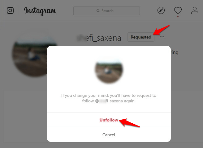 cancel follow request instagram