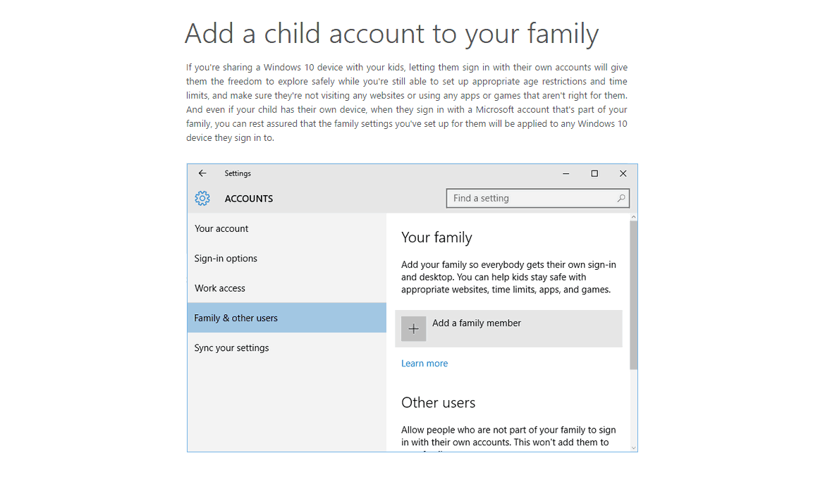 how to create windows 10 child account