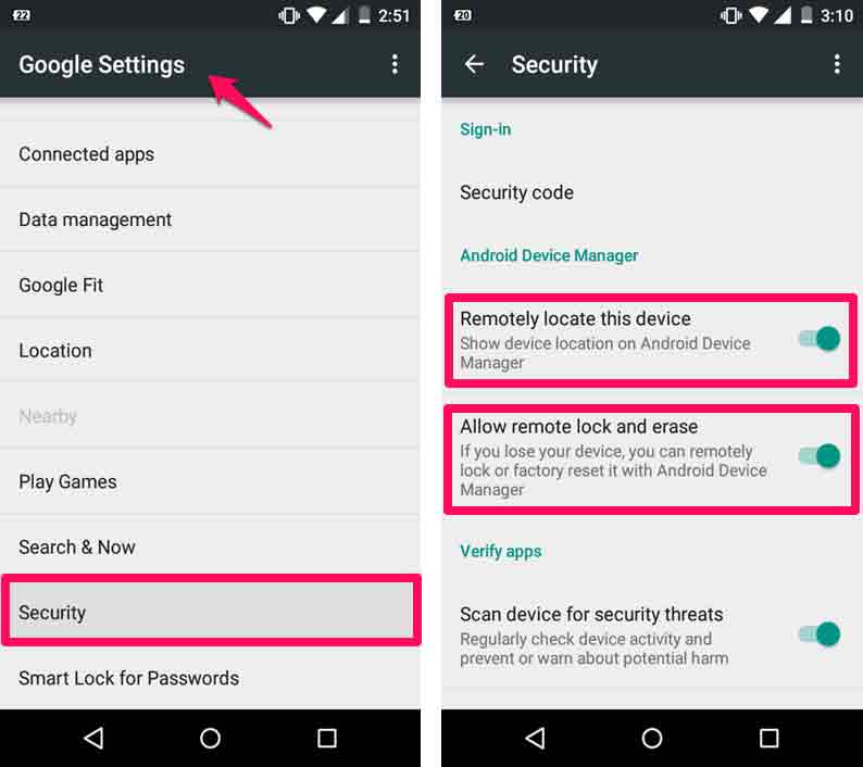 android device manager settings