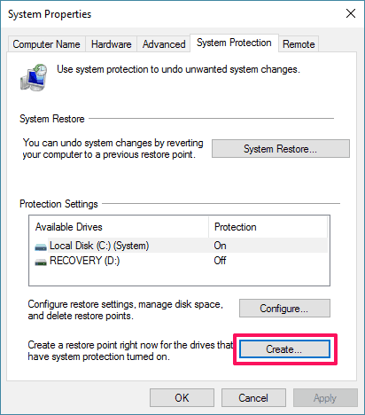 how to create a system restore point in windows 10