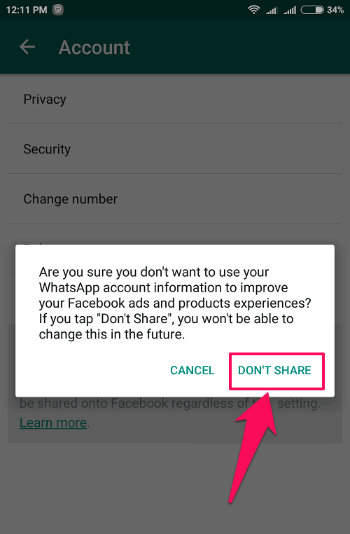 don't share whatsapp account information with facebook