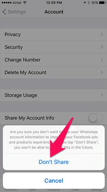 don't share whatsapp account information with facebook iphone