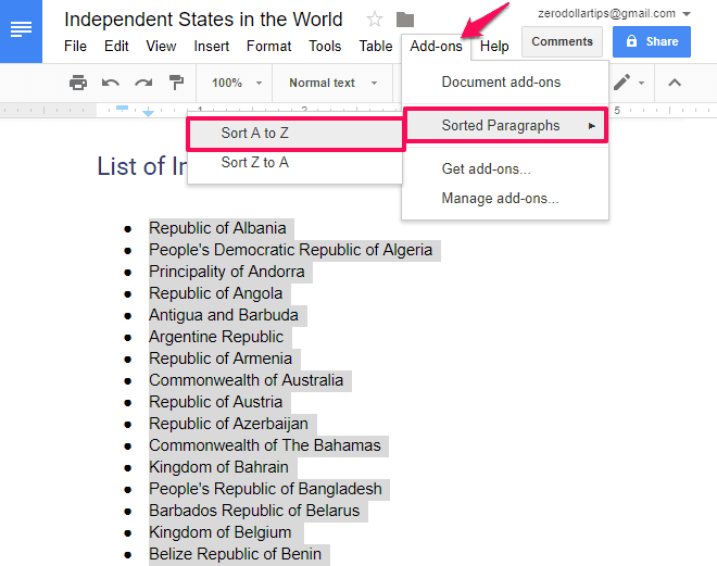 google docs alphabetical order