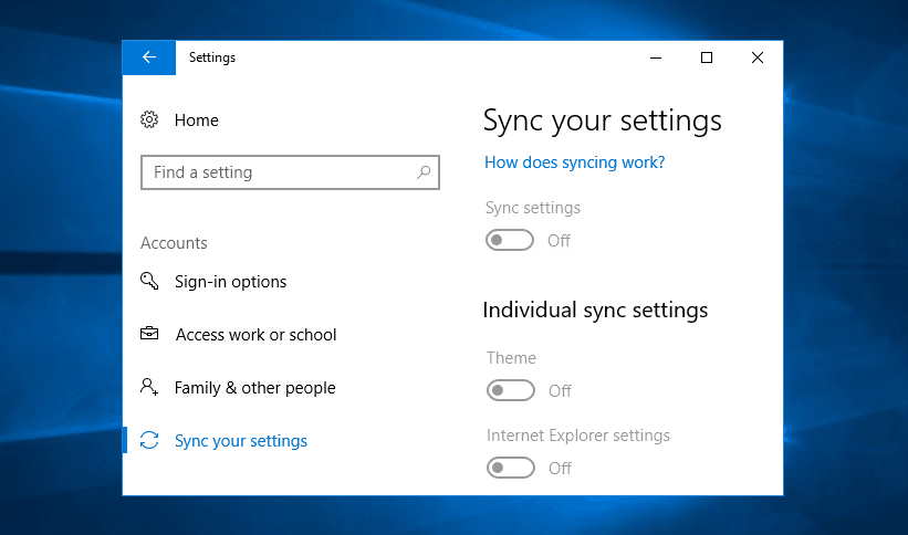 windows 10 sync settings greyed out