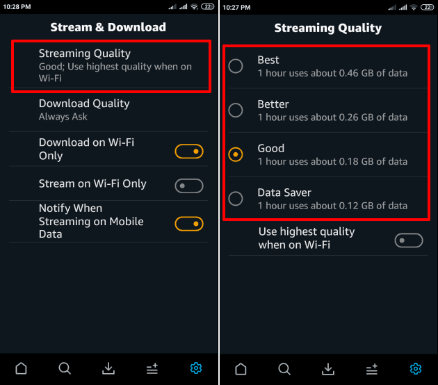 change video quality in amazon prime