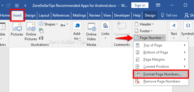 how to insert page number in word