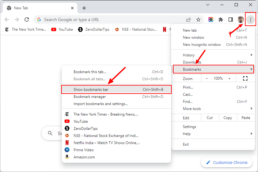 hide bookmarks bar in chrome
