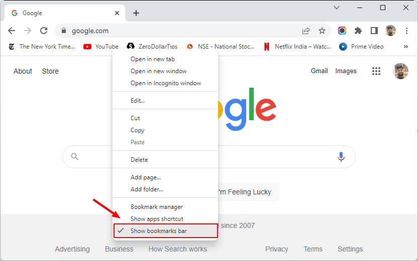 hide bookmarks bar in google chrome